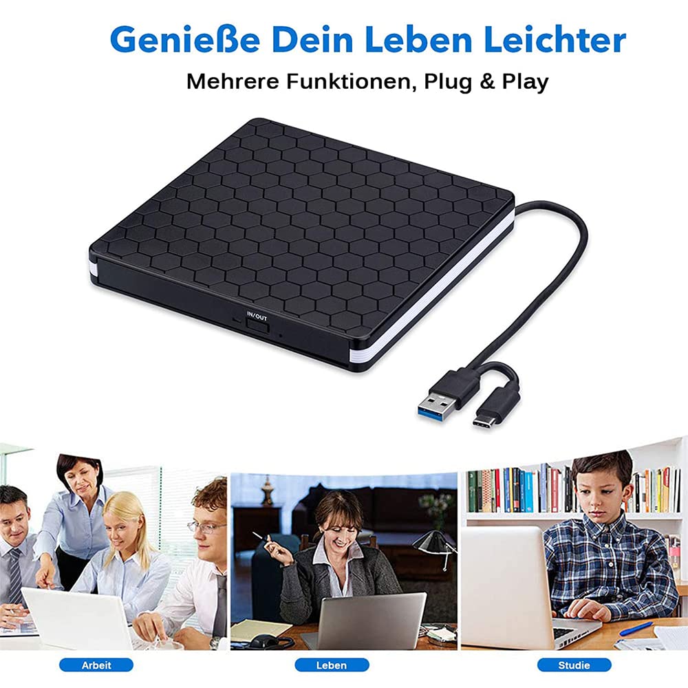 Externes DVD Laufwerk USB 3.0 & Typ-C, tragbarer CD/DVD Brenner & Leser, Slim Design
