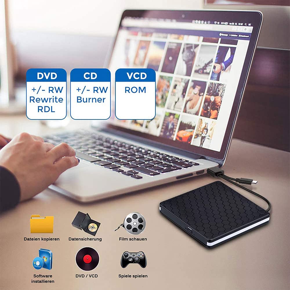 Externes DVD Laufwerk USB 3.0 & Typ-C, tragbarer CD/DVD Brenner & Leser, Slim Design