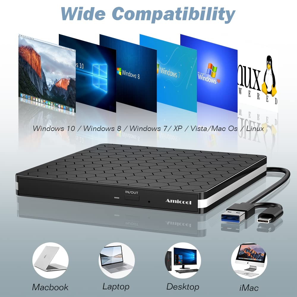 Externes DVD Laufwerk USB 3.0 & Typ-C, tragbarer CD/DVD Brenner & Leser, Slim Design