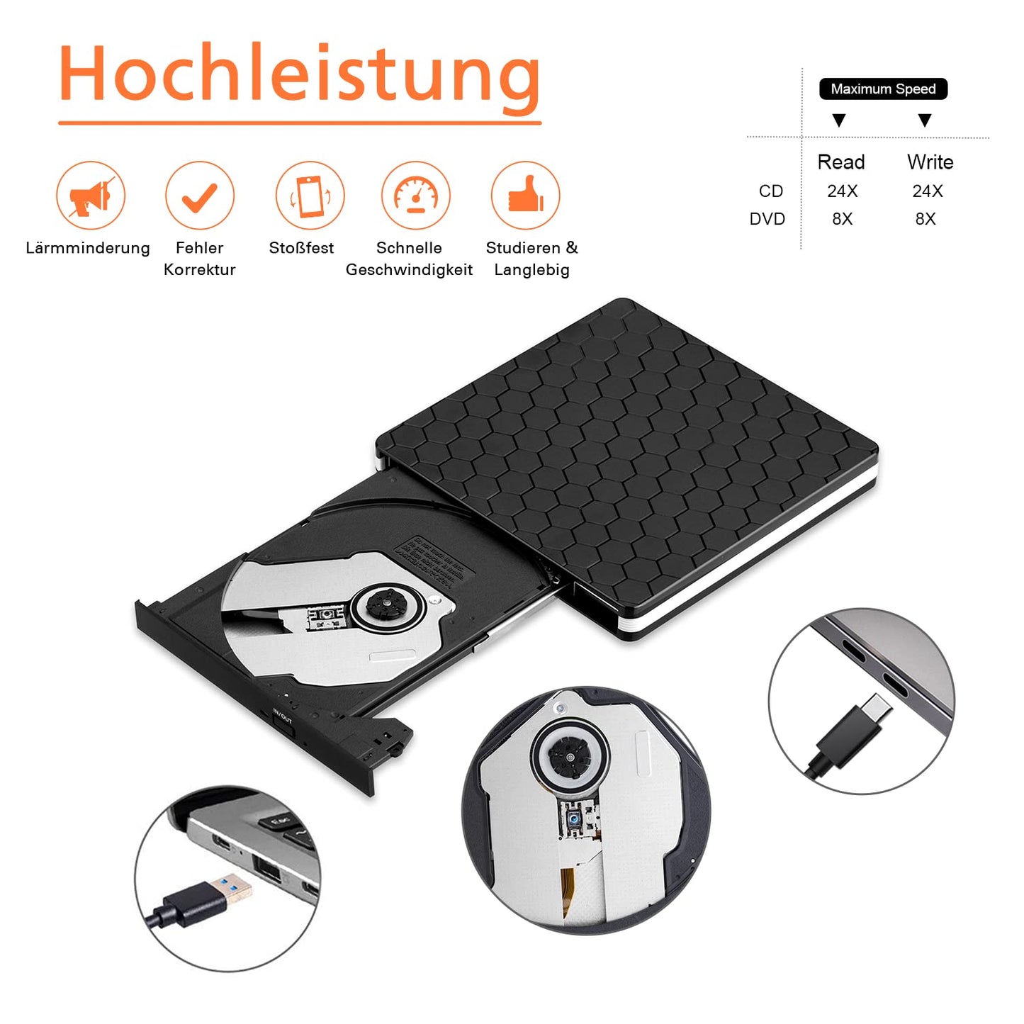 Externes DVD Laufwerk USB 3.0 & Typ-C, tragbarer CD/DVD Brenner & Leser, Slim Design