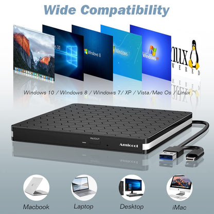 Externes DVD Laufwerk USB 3.0 & Typ-C, tragbarer CD/DVD Brenner & Leser, Slim Design