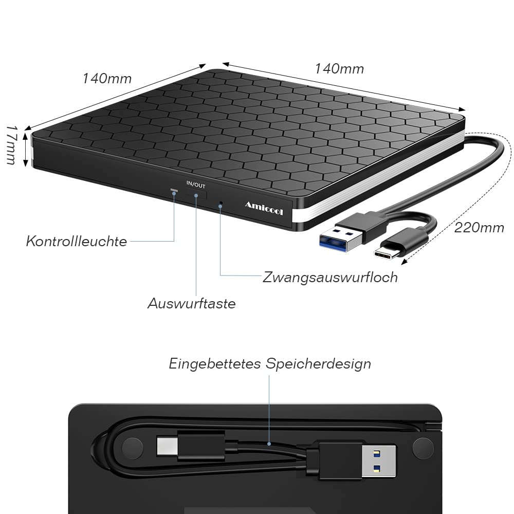 Externes DVD Laufwerk USB 3.0 & Typ-C, tragbarer CD/DVD Brenner & Leser, Slim Design
