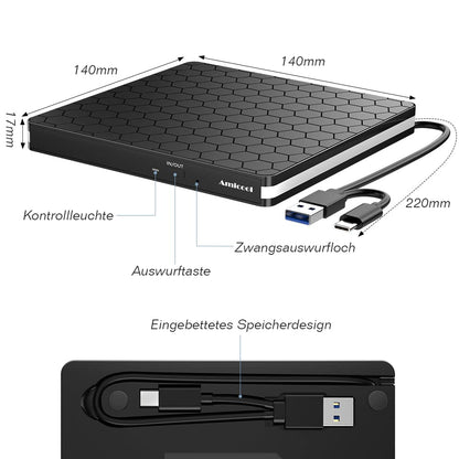 Externes DVD Laufwerk USB 3.0 & Typ-C, tragbarer CD/DVD Brenner & Leser, Slim Design