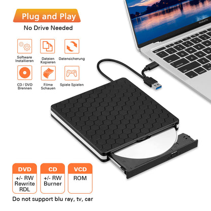 Externes DVD Laufwerk USB 3.0 & Typ-C, tragbarer CD/DVD Brenner & Leser, Slim Design