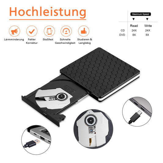 Externes DVD Laufwerk USB 3.0 & Typ-C, tragbarer CD/DVD Brenner & Leser, Slim Design